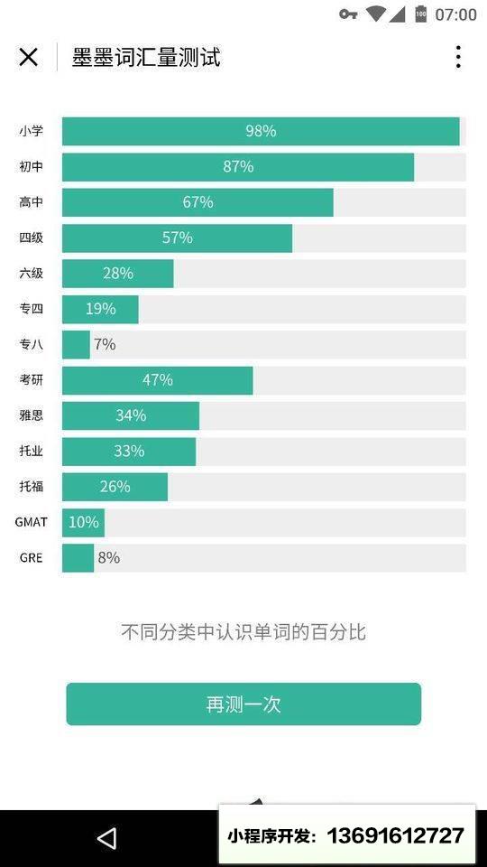 词汇量测试小程序截图